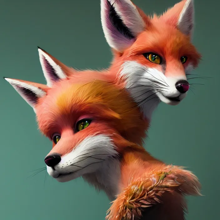 Image similar to a beautiful headshot portrait of a cute anime male fox boy with pink and green fur. character design by cory loftis, fenghua zhong, ryohei hase, ismail inceoglu and ruan jia. artstation, volumetric light, detailed, photorealistic, fantasy, rendered in octane