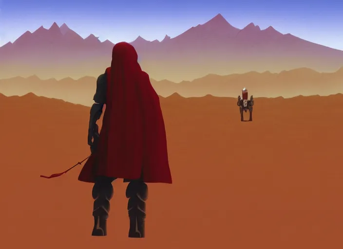 Prompt: the red traveler from the playstation video game journey standing in the desert with the great mountain in the background as illustrated by ralph mcquarrie