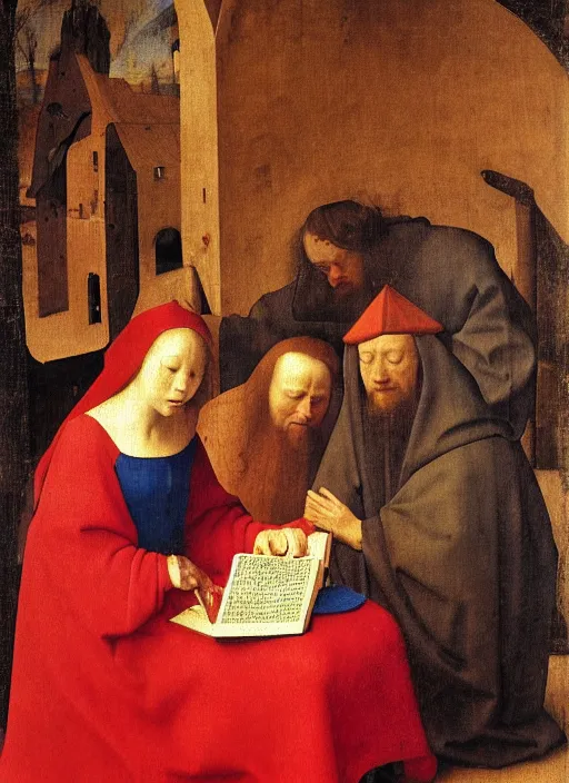 Image similar to angels dressed in red reading the bible and arguing in Tuscany by Jan van Eyck, Hieronymus Bosch, Johannes Vermeer 4k post-processing, highly detailed medieval painting