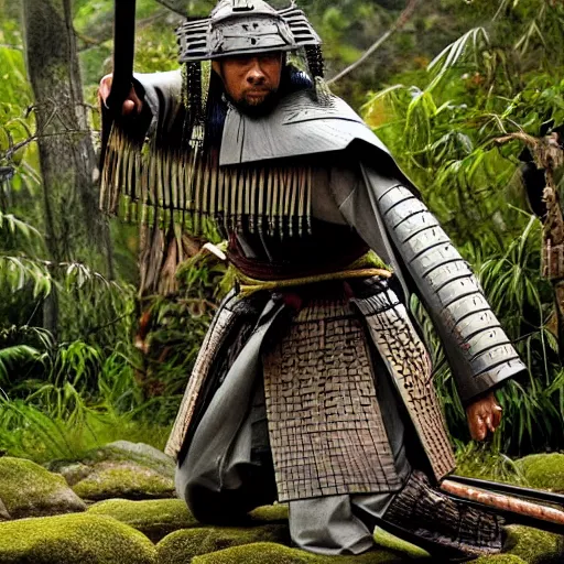 Image similar to samurai 4 7 ronin, in a jungle jeszika le vye heraldo ortega 8 k