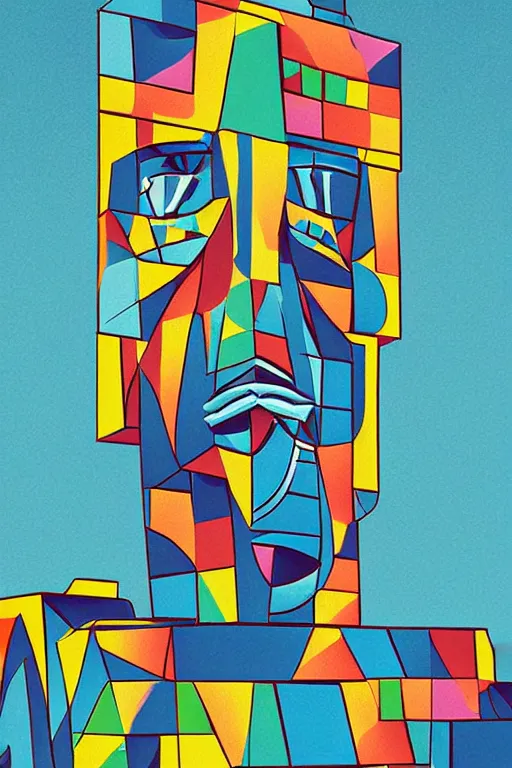 Image similar to cubist moai statue cutout digital illustration cartoon colorful beeple