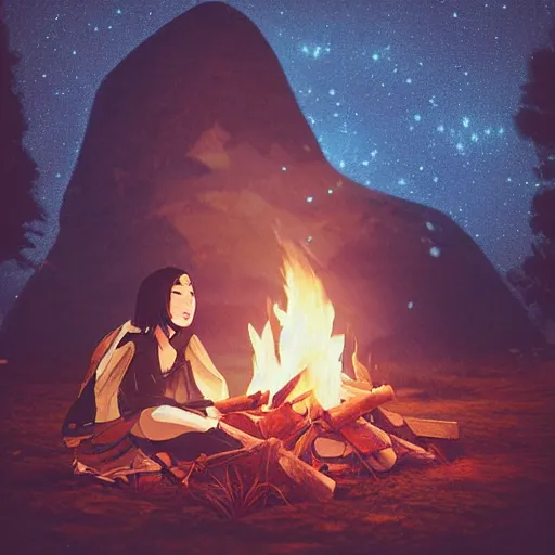 Prompt: woman sitting next to a campfire, cozy, night sky, digital art, highly detailed face, by conrad roset, by wlop, anime style, octane render