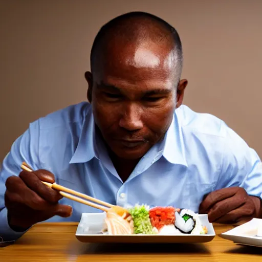 Image similar to photo, papua man in business suit eating sushi