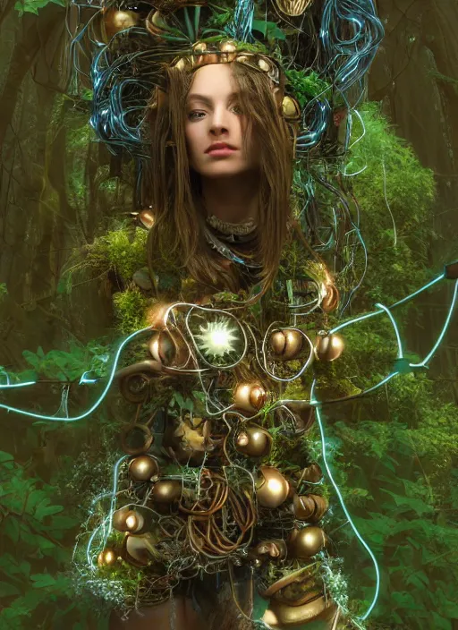 Prompt: goddess of technology in the forest, covered with plants and mushrooms, hair made of cords and wires, electricity, beautiful symmetrical face, steampunk, one head, a lot of jewellery, gold, earrings, gears - mystical forest - octane render, 8 k, cinematic light