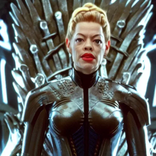 Image similar to seven of nine from star trek sitting on the iron throne in kings landing from game of thrones