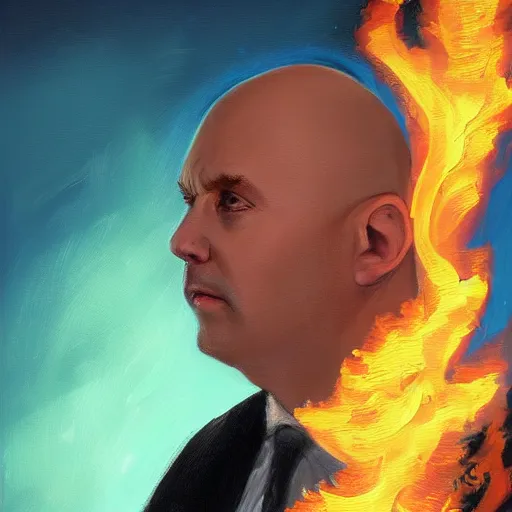 Image similar to an artstation trending portrait painting of a bald english man standing in front of a building on fire, fine painting