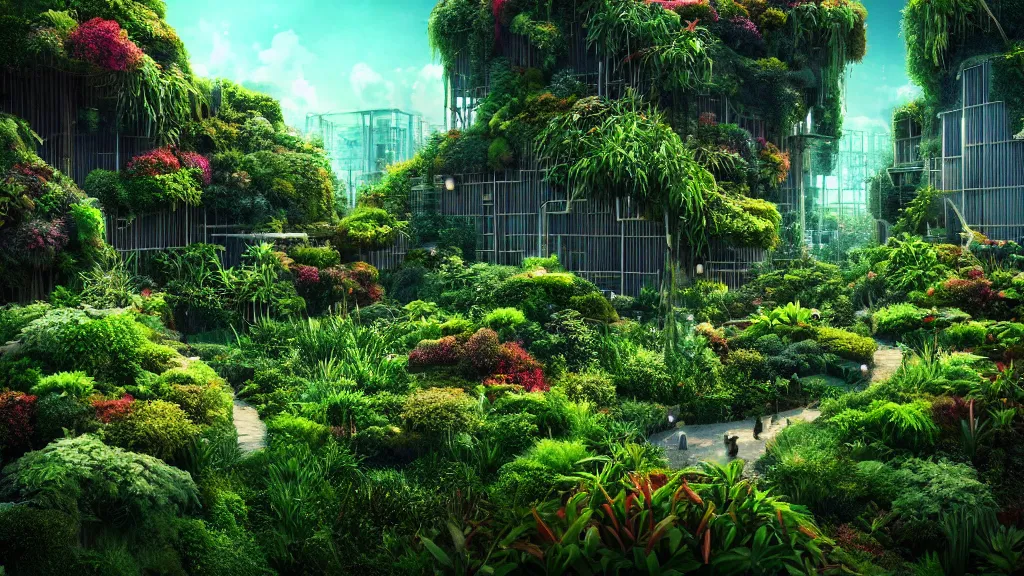 Prompt: babylon sky garden, rising series layered garden, shrubs and vines, dramatic lighting, epic composition, wide angle, wild breathing, jonas drow and beeple and studio ghibli style, in artstation hdr, wild breathing, c 4 d rendering