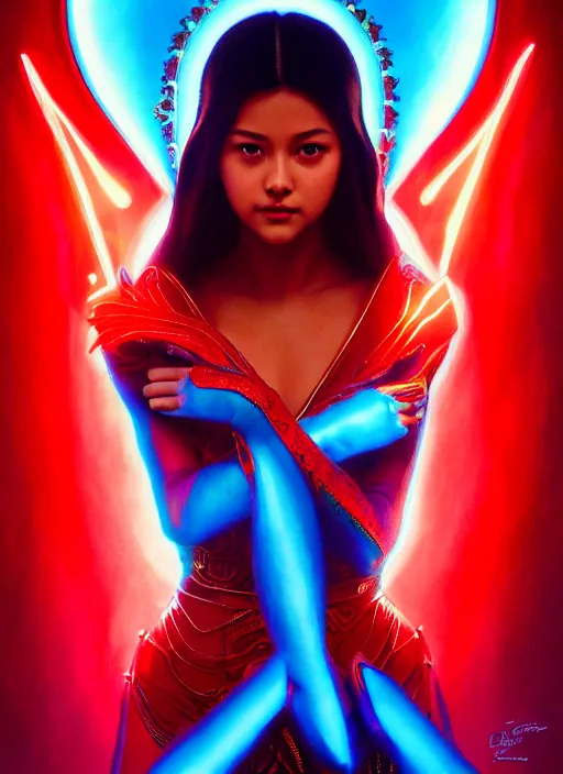 Image similar to liza soberano as darna, wax figure, glowing eyes, volumetric lights, red and cyan theme, art nouveau botanicals, intricate, highly detailed, digital painting, artstation, concept art, smooth, sharp focus, cinematic, illustration, beautiful face, art by artgerm and greg rutkowski and alphonse mucha