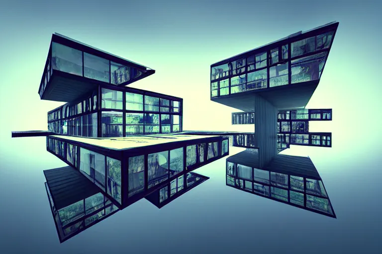 Prompt: distorted cyberpunk house in the lake, artwork by bauhaus, by benoit b. mandelbrot, by bjarke ingels, uhd, 3 d ar vr art, metaverse concept art