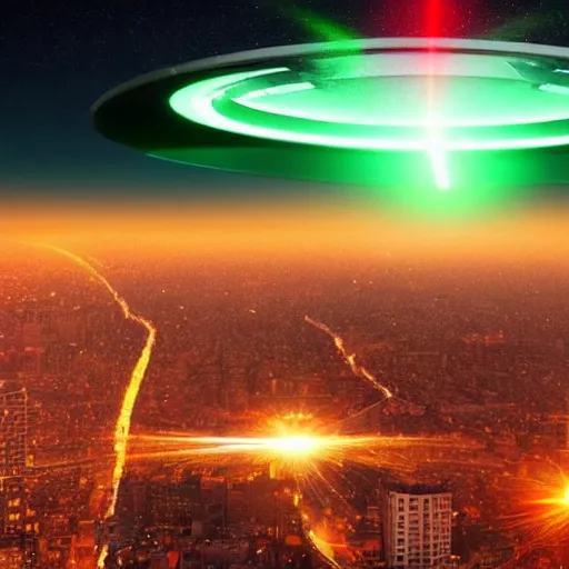 Image similar to ufo throwing laser beams over a city, destroying buildings, people scared and scaping, the sky is red