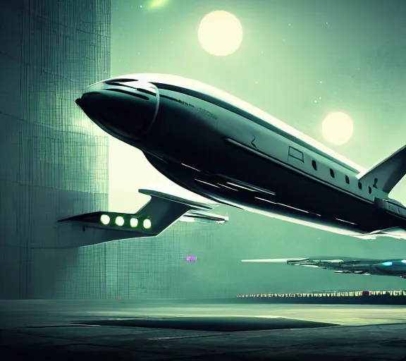 Image similar to futuristic sci fi jet plane lands at runway of cyberpunk airport,night photo ,dark cinematic lighting , digital concept art