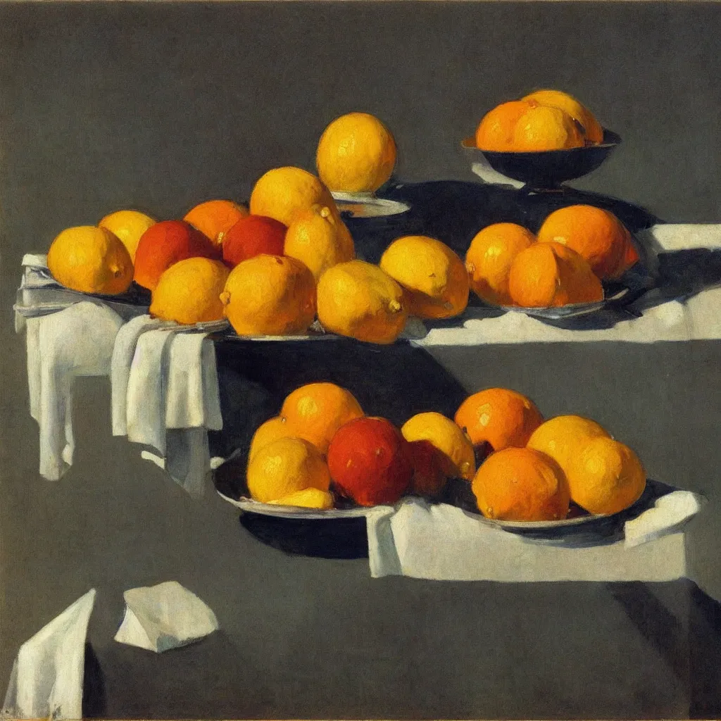 Prompt: a still life of citrus fruits by Edward Hopper