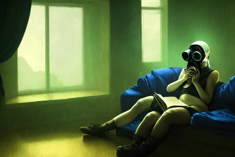 Prompt: girl with wearing a gas mask lying on the sofa reading a book in her room, in the style of dariusz zawadzki, solarpunk, atmospheric, clean, intricate and epic composition, green by caravaggio, insanely quality, highly detailed, masterpiece, blue light, artstation, 4 k