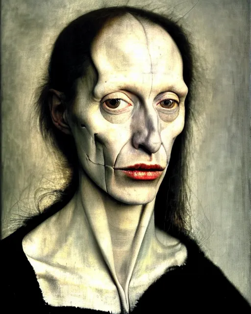 Image similar to a close up portrait of the devil with a blank cold expression, by joel peter witkin and hieronymus bosch and annie liebovitz, very pale skin, very blurry, translucent white skin, foggy, oil painting, photorealistic, anatomically correct, beautiful perfect face, visible brushstrokes, sharp focus, highly detailed, cinematic lighting, 8 k, hd