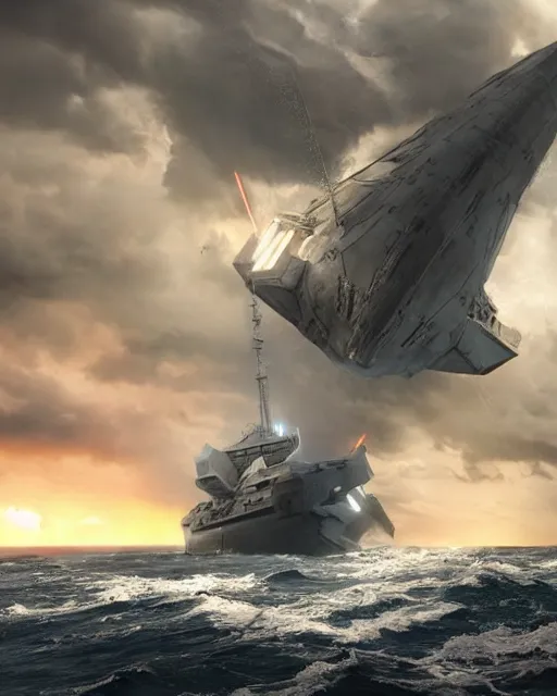 Image similar to scifi action scene of a fishing boat on stormy seas, a gigantic star destroyer spaceship flying overhead, the gigantic star destroyer spaceship is emerging from storm clouds, sunset lighting, stormy weather, dramatic lighting, unreal engine, hyper realism, realistic shading, cinematic composition, realistic render, octane render, detailed textures, photorealistic, ultrawide shot, 1 6 mm lens