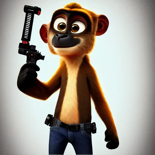 Image similar to “ logo and portrait of a monkey in the style of zootopia holding laser gun, with a black background, digital art, award winning, trending on art station, retro style ”