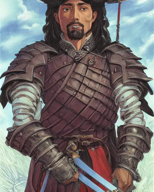 Image similar to portrait of a spanish conquistador, by daniel zrom and disney and masamune shirow and josan gonzales and studio ghibli