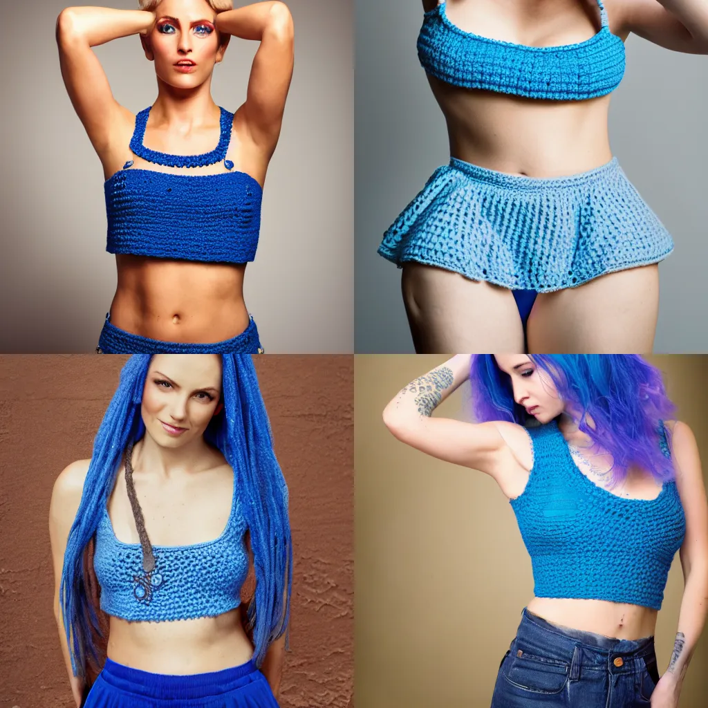 Prompt: A photo of a attractive caucasian female model with blue hair wearing a crocheted croptop, professional photography