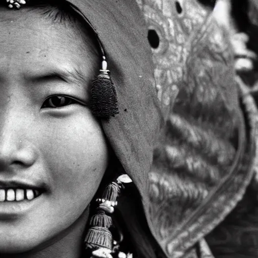 Image similar to a Sebastião Salgado's photograph of portrait a tibetan young woman wearing a traditional dress looking at the camera, high quality, award wining, 4k