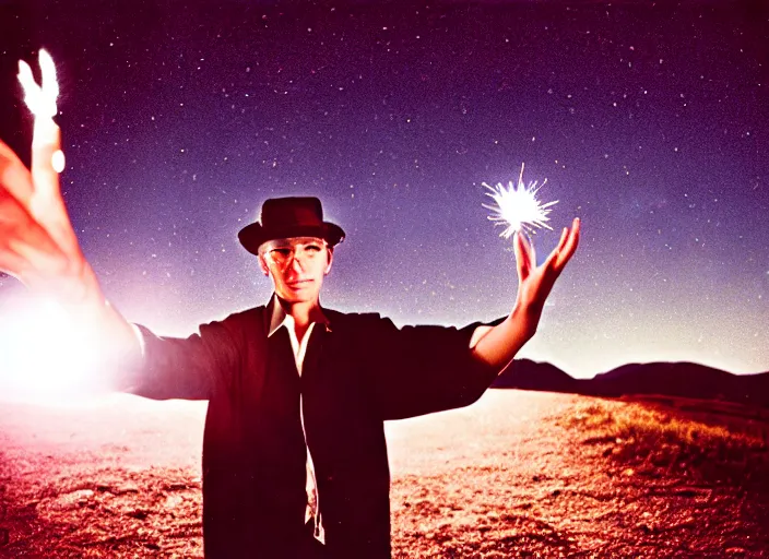 Image similar to a very good looking and dramatic sorcerer holds out their hand from which a blast of bright magic flies, on an empty moonlit hill, dramatic lighting, lens flare, 3 5 mm full frame professional photography, kodachrome