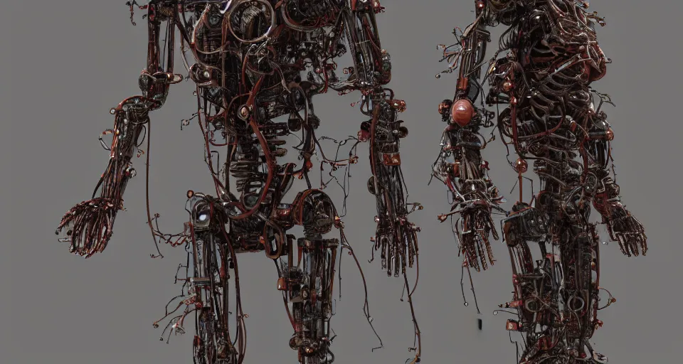 Prompt: Techno-biological rusty robot geisha consisting of veins, bones, kidneys, wires. Biopunk, body armor, high detail, photorealism, full length view, concept art, octane render, 16k, 8k