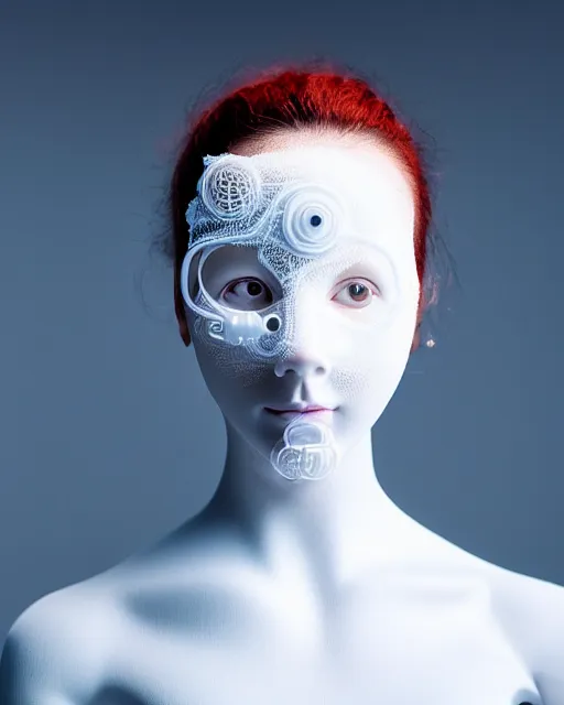 Image similar to portrait of a woman wearing a white embroidered translucent silicone mask and white red frizzy hair buns, wearing a silicone white bodysuit, white background, soft diffused light, biotechnology, kinetic sculpture, humanoide robot, translucent, intricate details, highly detailed, highly complex masterpiece