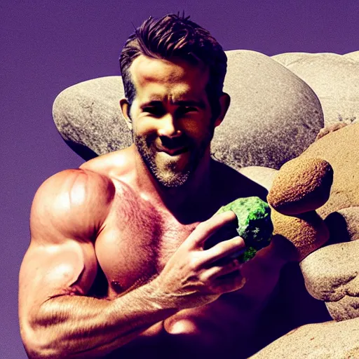 Image similar to photo of ryan reynolds eating a boulder, highly detailed, extremely high quality, hd, 4 k, 8 k, professional photographer, 4 0 mp, lifelike, top - rated, award winning, realistic, detailed lighting, detailed shadows, sharp, no blur, edited, corrected, trending