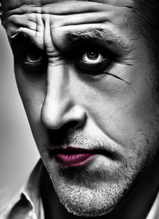 Image similar to photo of Ryan Gosling as the Joker by Lee Jeffries, head shot, detailed, award winning, Sony a7R