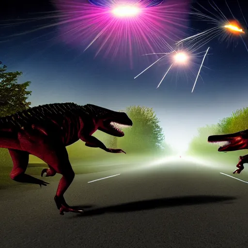 Image similar to action shot of dinosaurs playing sports while meteors streak across the sky leaving trails of fire, light fog, street lights, god rays, beautiful