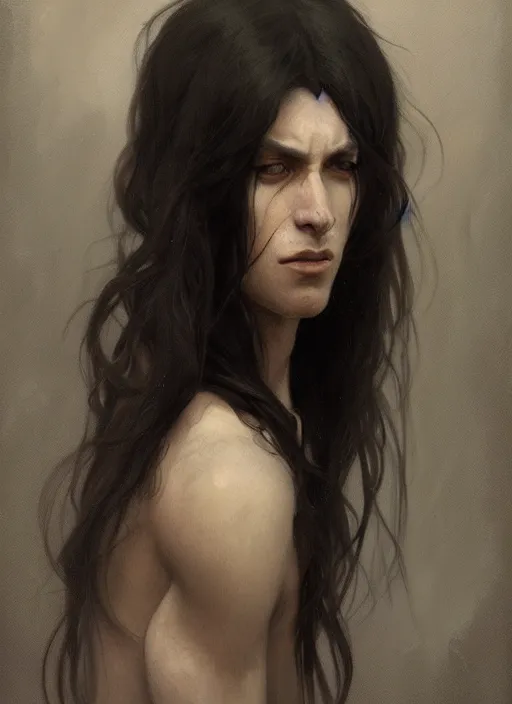 Prompt: An androgynous man with long black hair and a partially skeletal face, highly detailed, digital painting, artstation, concept art, sharp focus, illustration, art by greg rutkowski and alphonse mucha