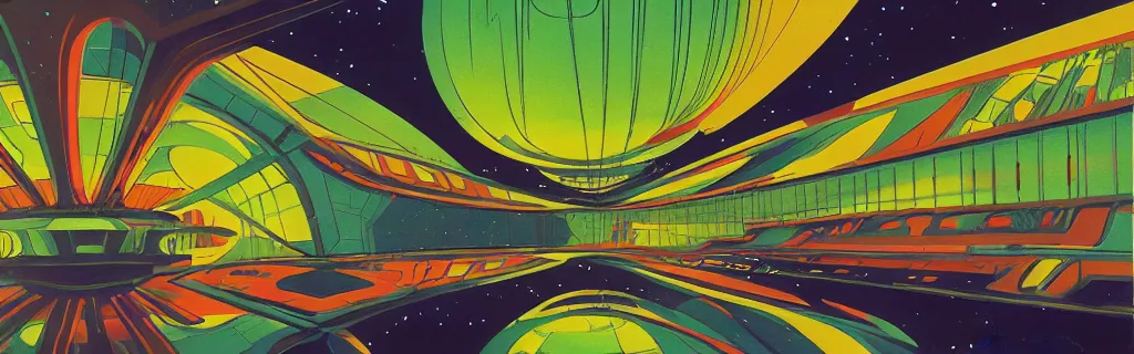 Prompt: 7 0 s sci - fi space station interior, retrofuturism, gouache, trees, animated film, stylised, illustration, by eyvind earle, scott wills, genndy tartakovski