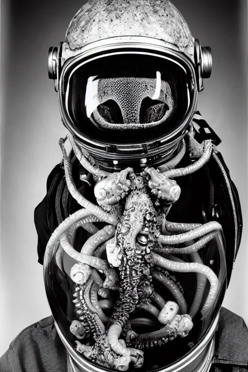 Image similar to extremely detailed studio portrait of space astronaut, alien tentacle protruding from eyes and mouth, slimy tentacle breaking through helmet visor, shattered visor, full body, soft light, disturbing, shocking realization, hyper detailed, award winning photo by letizia battaglia