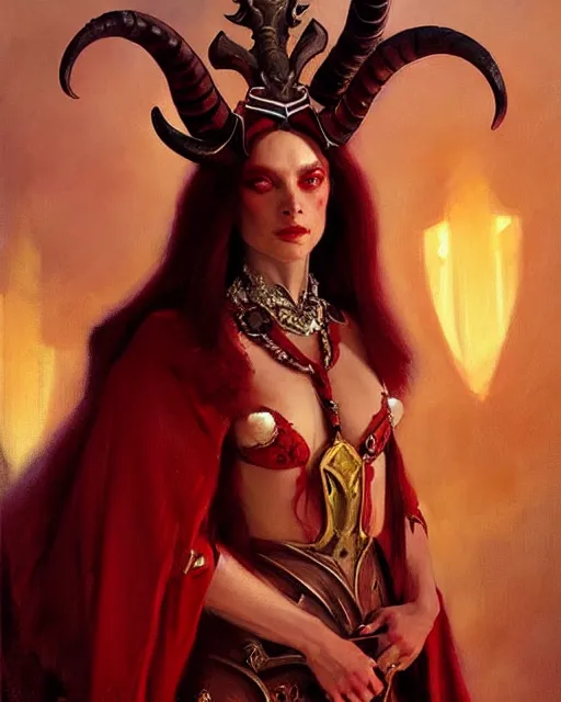 Prompt: painted close - up portrait of an attractive red - skinned intimidating demon queen with ram horns. oil painting, wearing a noblewoman's outfit, fantasy art by greg rutkowski and john singer sargent and gaston bussiere, demon noble character design