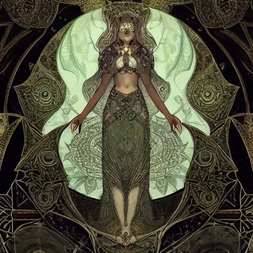 Prompt: a dark ancient complex arabic ornaments with mandala and moth wings texture, full of details and delicate, high - quality fabric texture white paper + tarot card realistic detailed sci - fi illustration designed by marc simonetti mike mignola alfons maria mucha, peter mohrbacher, 8 k resolution + white ink, psychedelic black light style