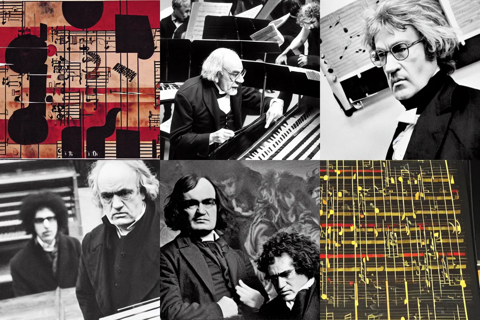 Prompt: a musical score by beethoven and a musical score by George Crumb combine and explode