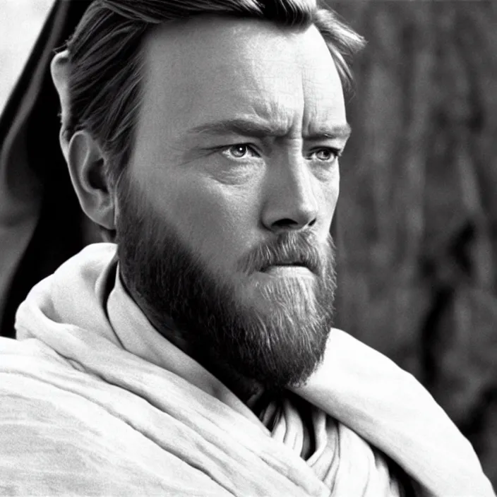 Image similar to obi wan kenobi shaves half his face, photoralistic rendering, movie still, screenshot, hyperdetailed