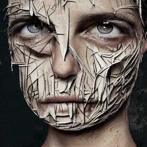 Image similar to face shredded like paper as skin peeling, dark, surreal, illustration, realistic horror