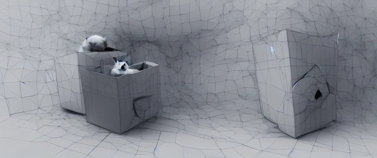 Image similar to futuristic 3 d render of schrodinger's cat in a box, quantum paradox, dead and alive, quantum superposition, waves and particles, wave function, scifi, concept art, artsation 4 k