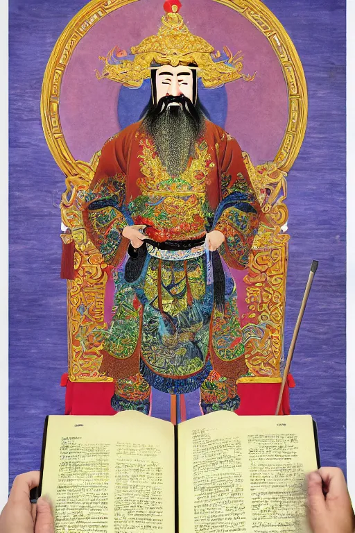 Image similar to A hyper realistic full body portrait of majestic guan yu sits and read a book, defined features, by gu kaizhi, wu daozi, 8k, HD, gigapixel, portrait art, symmetrical composition, realistic proportions, ink and colored pigments on silk, sharpness applied, hyperrealism