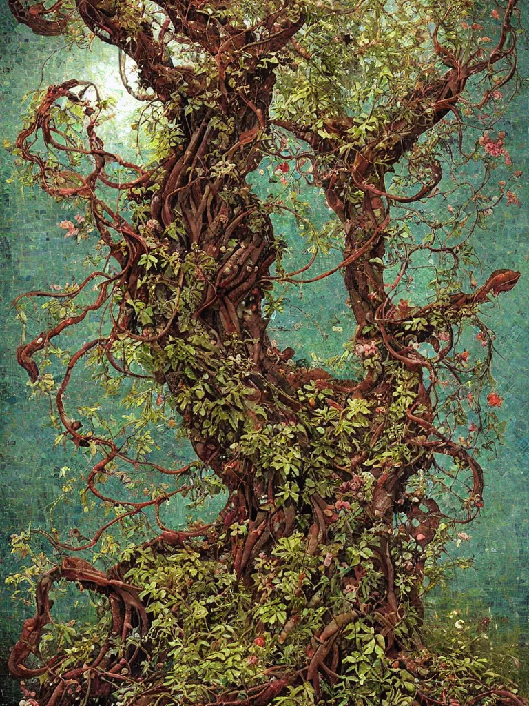 Prompt: flowers and creeping vines, gnarly roots of an old tree, byzantine mosaics art by james jean, denis sarazhin, ryohei hase, thomas kinkade