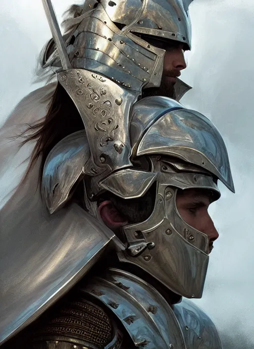 Image similar to handsome male knight in armor, profile!! murky lighting, wind blowing, portrait, fairytale, physical mental perfection, symmetrical! intricate, romanticism, highly detailed, biblical divine holy perfection!! digital painting, artstation, concept art, smooth, sharp focus, by artgerm and greg rutkowski and alphonse mucha