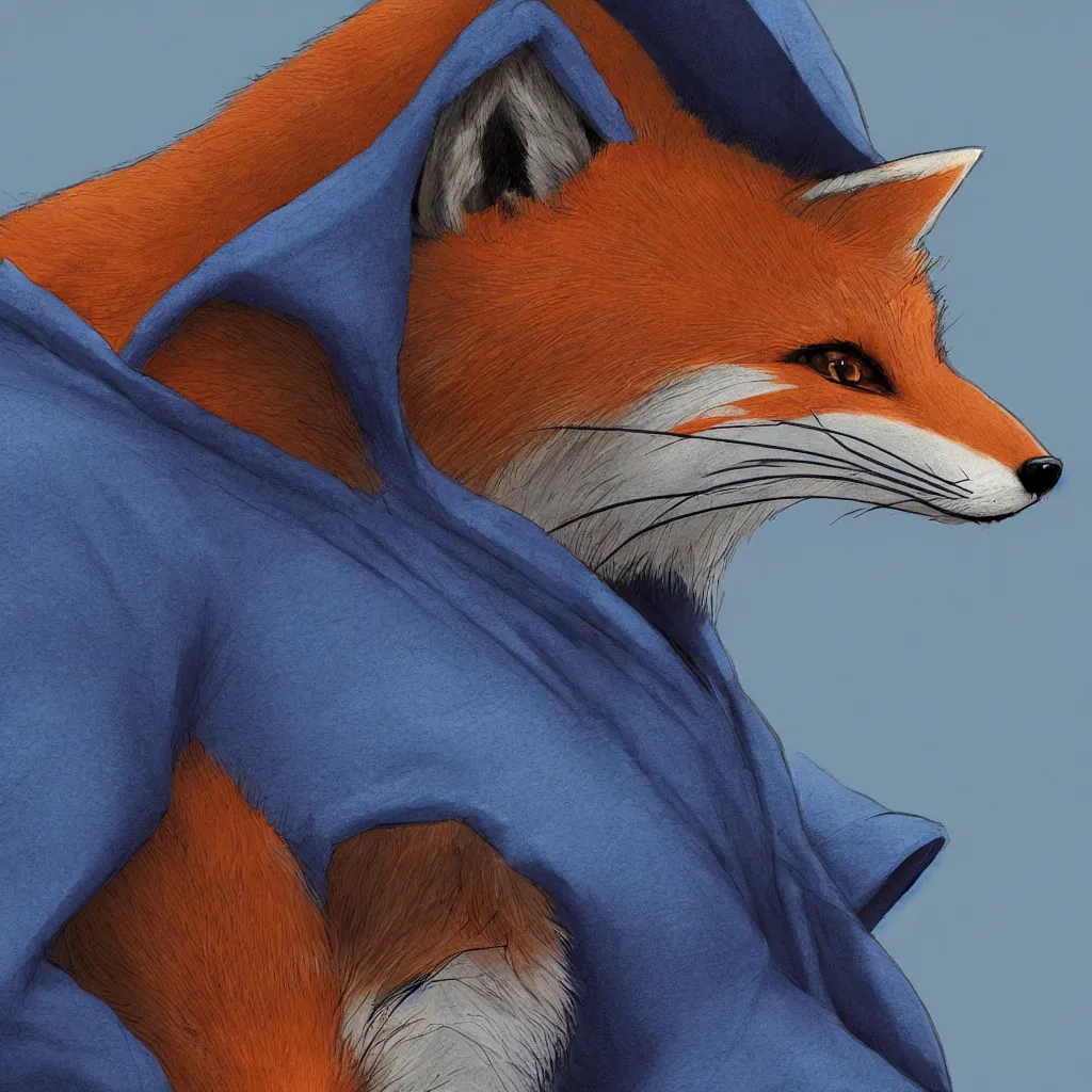 Image similar to a closeup profile shot of an anthropomorphic fox in a blue hoodie sitting in front of the computer, dark tones, concept art, digital art, highly detailed, anime, by hayao miyazaki