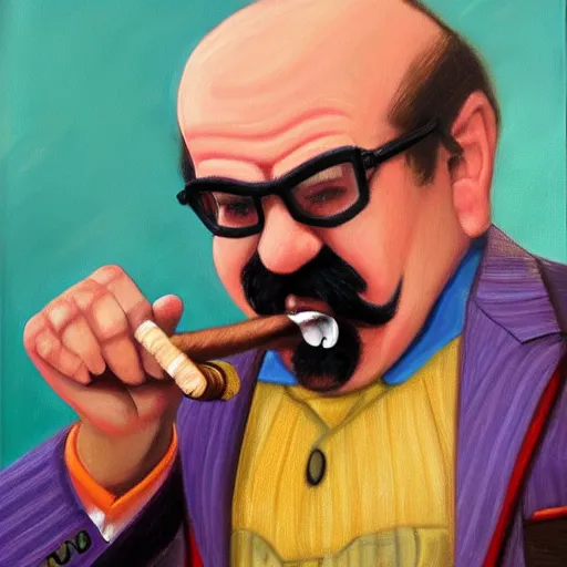 Image similar to wario from the mario series wearing a 3 piece suit and smoking a cigar ( oil painted, greatly illustrated, a portrait, high detailed, great quality painting )