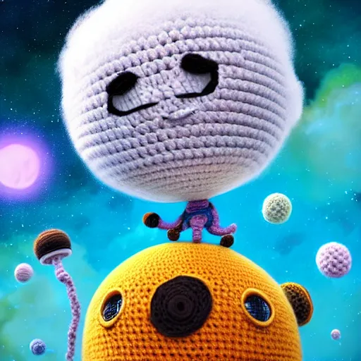 Image similar to an expedition of crochet astronauts discovering a new fluffy planet made out of yarn. cute, illustration, digital art, inspired by little big planet, by greg rutkowski, detailed, sharp, masterpiece, highly detailed, photorealistic, octane render, 8 k, unreal engine 5, trending on artstation