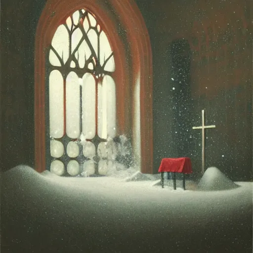 Image similar to church interiour, snow falling, glowing red cross, melted metal flowing, painted by Quint Buchholz and Carl Gustav Carus