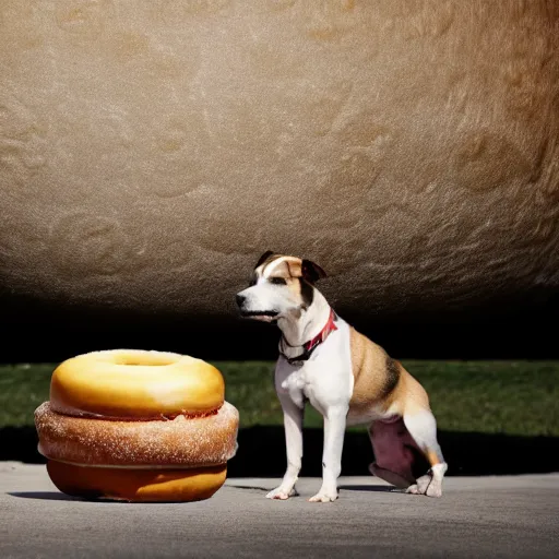 Image similar to a dog staring at a giant donut. 8k photo, hyperdetailed.