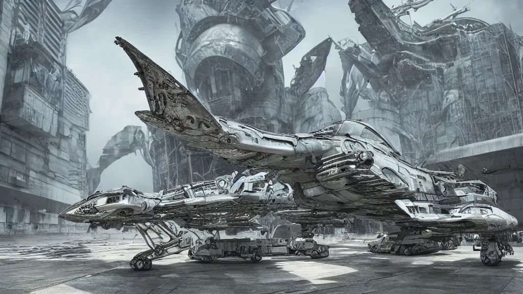 Image similar to organic mechanical metal osprey aircraft, giger influenced with ornate intricate details, landed on futuristic brutalist concrete heliport, ornate buildings with white and blue flowers, with cyborg female soldiers wearing stealth transparent clothing, daytime, wet floor on streets, matte painting, unreal engine, cinematic camera, mirrors edge,