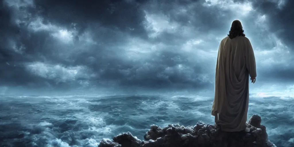 Image similar to jesus in the dark, timid, humidly horrific sky, floating atop a tumultuous ocean, dark blue atmosphere, vignette, beautiful lighting, shot by h. r. giger, trending on artstation, cgsociety contest winner, 4 k, 8 k