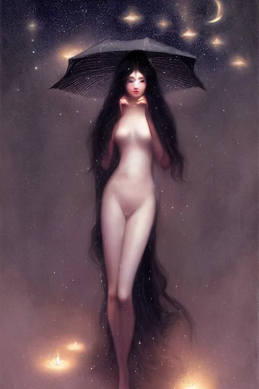 Prompt: Nocturne, glowing, stars, a long-legged elegant young princess, long black hair, pearl amulet, highly detailed, mysterious, ethereal, dressed in black velvet, haute couture, illustration, dramatic lighting, soft details, painting, by Edmund Blair Leighton, Brom, Charlie Bowater, trending on artstation, faces by otto schmidt