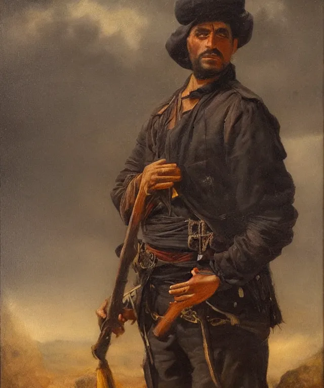 Image similar to ultra realistic color portrait painting of a spanish bandolero 1 9 th century with a trabuco, dark, painted, brooding, atmospheric, landscape, smooth, epic, highly detailed, cinematic